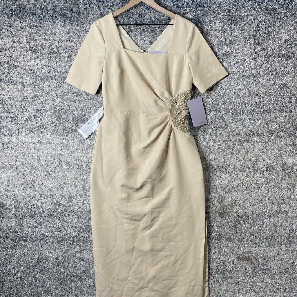 JS Collections Ashley Bead Detail Draped Column Gown Champagne Size 8‎